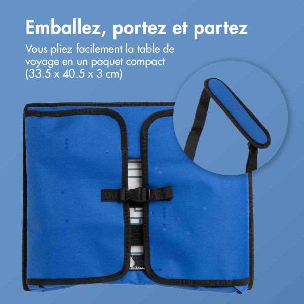 imoshion Table de voyage - Support de tablette voiture - 7 compartiments de rangement - Inclus 2 coloriages - Bleu