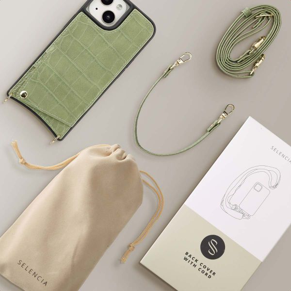 Selencia Coque de télephone Nova Croco avec cordon et porte-cartes Apple iPhone 15 - Sage Green