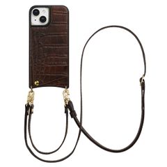 Selencia Coque de télephone Nova Croco avec cordon et porte-cartes Apple iPhone 15 - Choco Brown