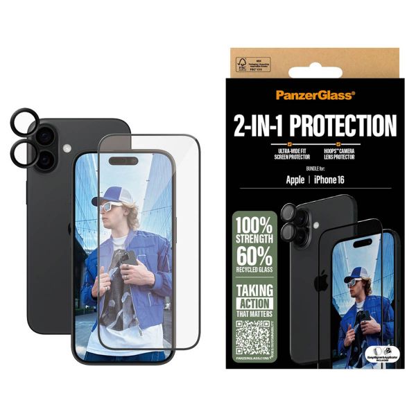 PanzerGlass Pack 2-en-1 - Protection d'écran antibactérienne Ultra-Wide Fit avec applicateur + Protection de caméra Apple iPhone 16