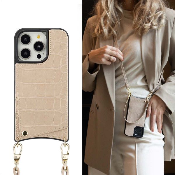 Selencia Coque de télephone Nova Croco avec cordon et porte-cartes Apple iPhone 14 Pro - Beige