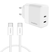 imoshion Adapteur secteur - Chargeur - 2 ports USB-C 40 W + câble tressé USB-C vers USB-C 60 W - 1 mètre - Blanc