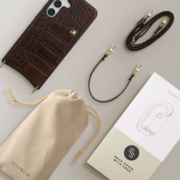 Selencia Coque de télephone Nova Croco avec cordon et porte-cartes Samsung Galaxy S25 / S24 - Choco Brown