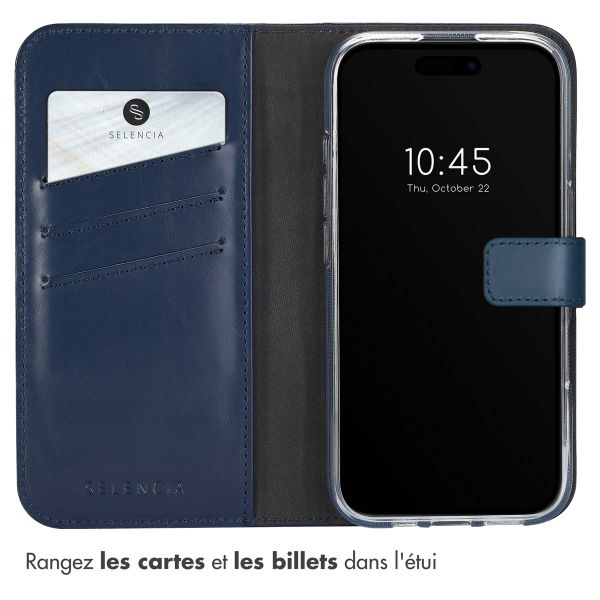 Selencia Étui portefeuille en cuir véritable Apple iPhone 16 - Bleu