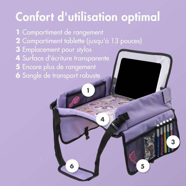 imoshion Table de voyage - Support de tablette voiture - 7 compartiments de rangement - Inclus 2 coloriages - Violet