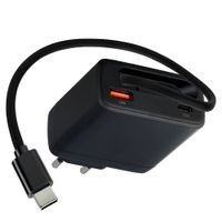 imoshion Chargeur GaN avec câble USB-C rétractable 65W - USB-A + USB-C - Noir