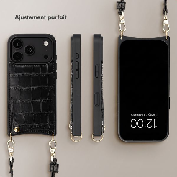 Selencia Coque de télephone Nova Croco avec cordon et porte-cartes Apple iPhone 18 Pro Max / 17 Pro Max - Noir