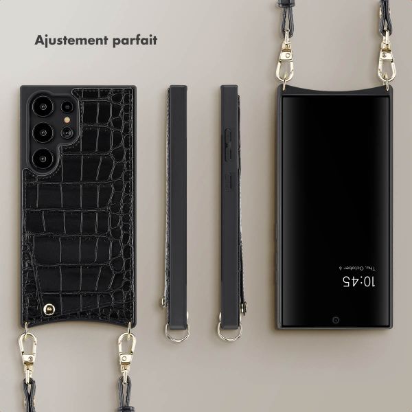 Selencia Coque de télephone Nova Croco avec cordon et porte-cartes Samsung Galaxy S24 Ultra - Noir
