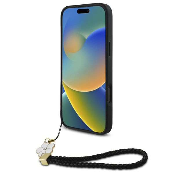 Guess Coque Grained MagSafe avec Flower Charm Strap Apple iPhone 16 Pro - Noir