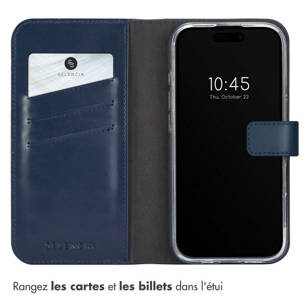 Selencia Étui portefeuille en cuir véritable Apple iPhone 16 Pro - Bleu