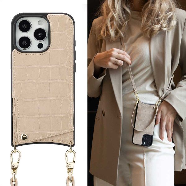 Selencia Coque de télephone Nova Croco avec cordon et porte-cartes Apple iPhone 16 Pro - Beige