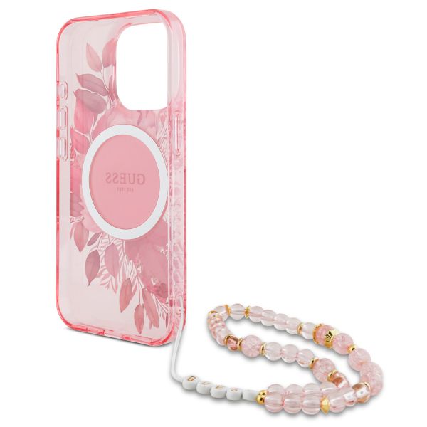 Guess MagSafe IML Flowers Case avec beads strap Apple iPhone 15 Pro Max - Pink