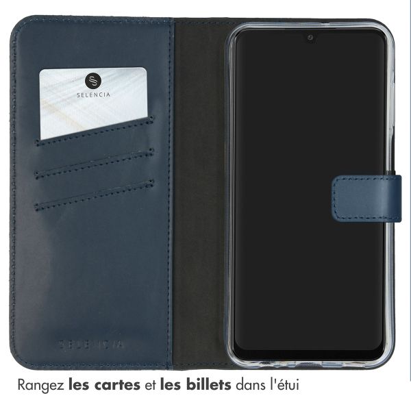 Selencia Étui portefeuille en cuir véritable Samsung Galaxy A15 (5G/4G) - Bleu foncé