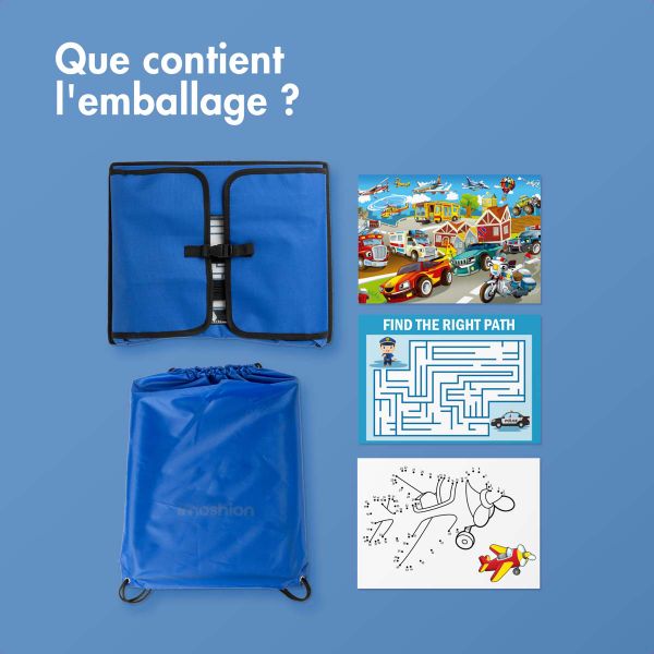 imoshion Table de voyage - Support de tablette voiture - 7 compartiments de rangement - Inclus 2 coloriages - Bleu