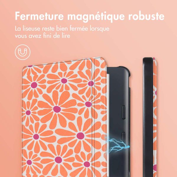 imoshion Design Slim Hard Sleepcover avec support Kobo Libra Colour - Orange Flowers Connect