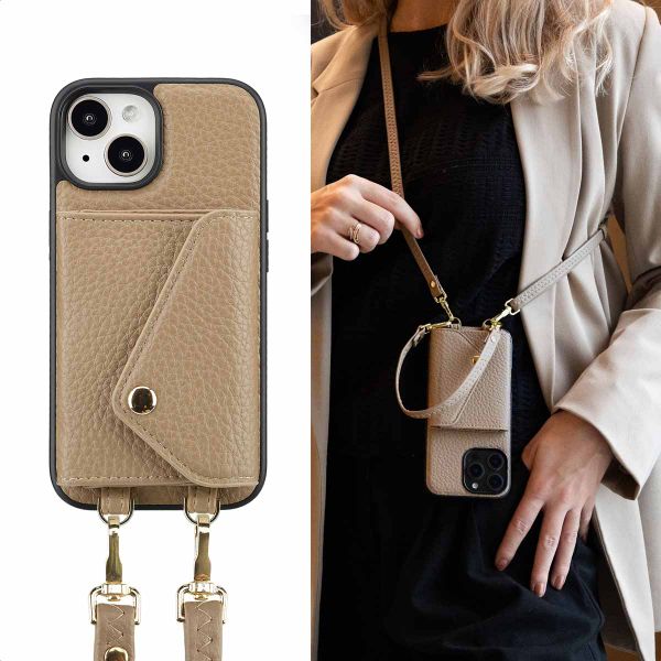 Selencia Coque de télephone Sera avec cordon et porte-cartes enveloppe Apple iPhone 15 - Taupe