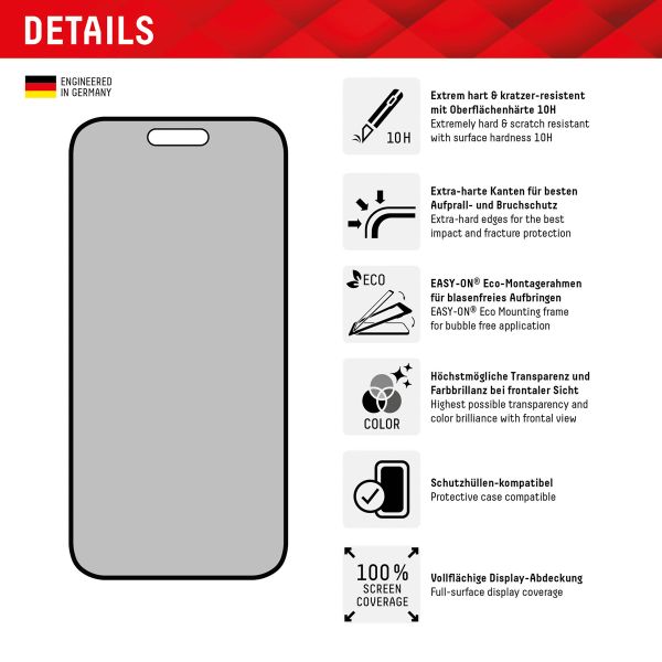 Displex Protection d'écran en verre trempé Privacy Apple iPhone 15 / 15 Pro / 16