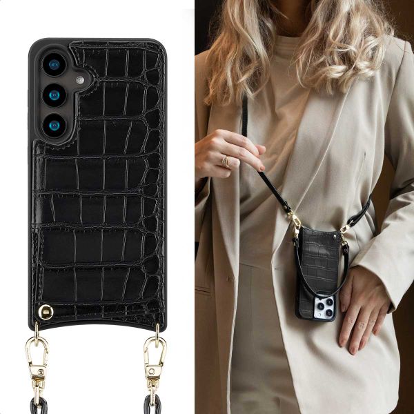 Selencia Coque de télephone Nova Croco avec cordon et porte-cartes Samsung Galaxy S24 - Noir