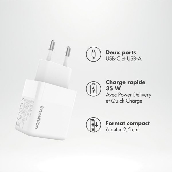 imoshion Chargeur - USB-C et USB-A - Power Delivery et Quick Charge - 35 W + câble USB-C vers USB-C - 1 mètre - Blanc