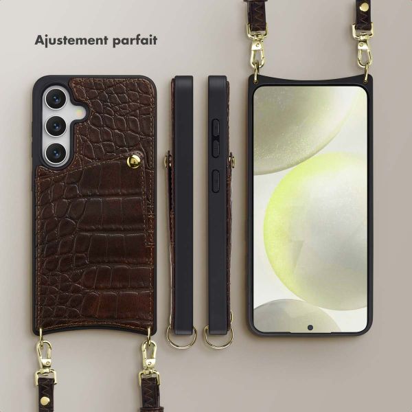 Selencia Coque de télephone Nova Croco avec cordon et porte-cartes Samsung Galaxy S25 / S24 - Choco Brown