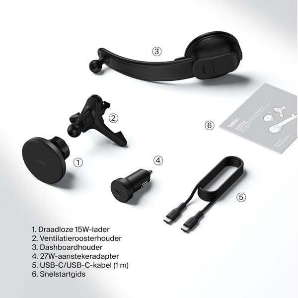 Belkin Support Téléphone Magnétique Qi2 - Chargeur Voiture avec Adaptateur 27W - Tableau de bord / Grille de ventilation