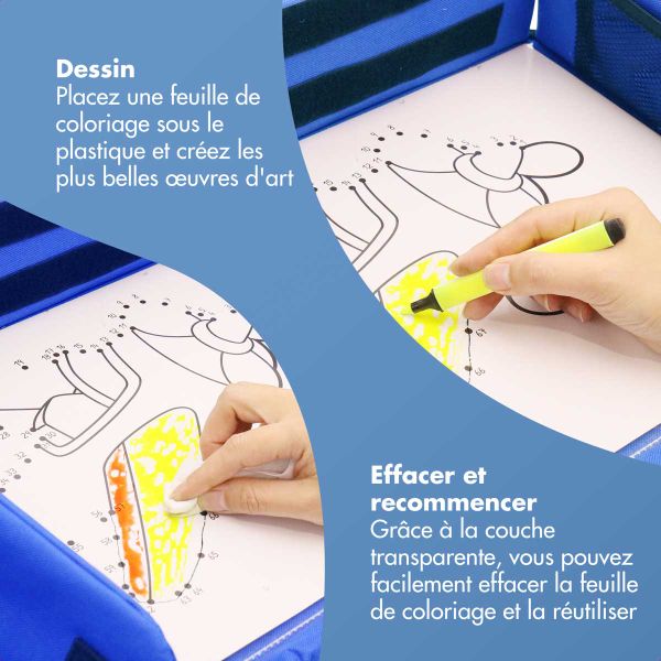 imoshion Table de voyage - Support de tablette voiture - 7 compartiments de rangement - Inclus 2 coloriages - Bleu