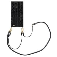 Selencia Coque de télephone Nova Croco avec cordon et porte-cartes Samsung Galaxy S24 Ultra - Noir