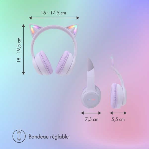 imoshion Casque sans fil pour enfants LED Light Cat Ear - Limiteur de décibels - Avec câble AUX - Lavender Lilac