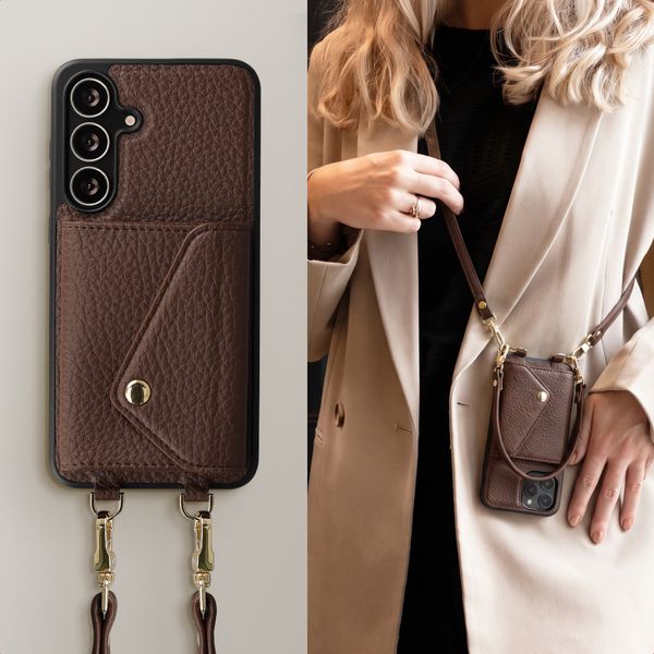 Selencia Coque de télephone Sera avec cordon et porte-cartes enveloppe Samsung Galaxy S25 FE - Chocolate Brown
