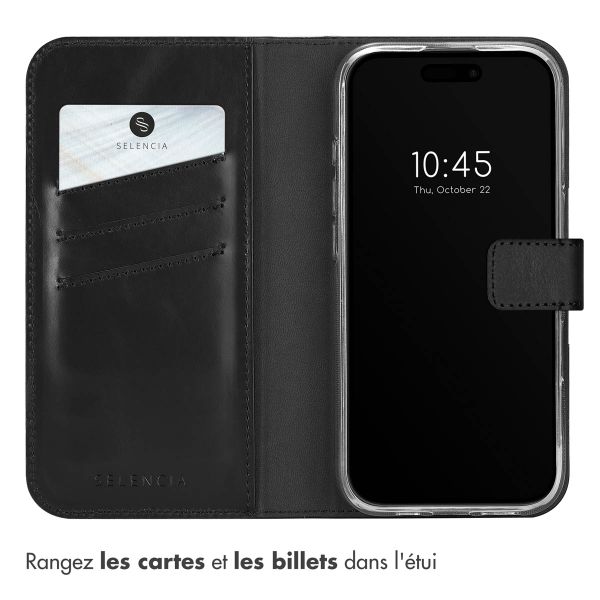 Selencia Étui portefeuille en cuir véritable Apple iPhone 16 Pro - Noir