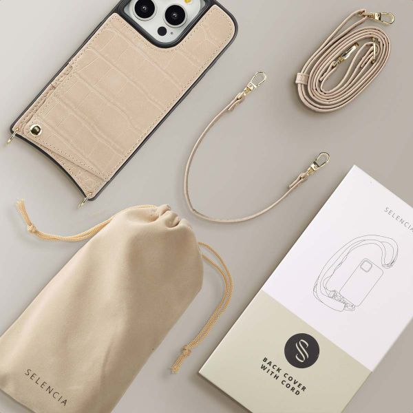 Selencia Coque de télephone Nova Croco avec cordon et porte-cartes Apple iPhone 15 Pro - Beige