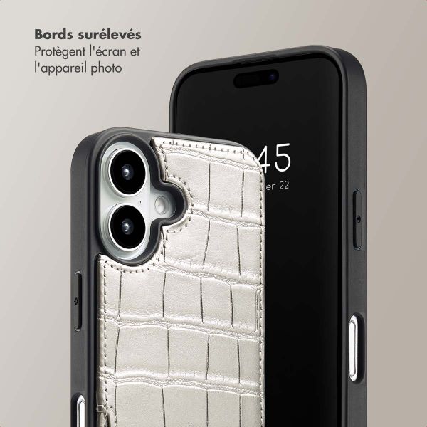 Selencia Coque de télephone Nova Croco avec cordon et porte-cartes Apple iPhone 16 - Argent