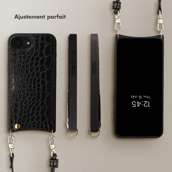 Selencia Coque de télephone Nova Croco avec cordon et porte-cartes Apple iPhone 17e / 16e - Noir