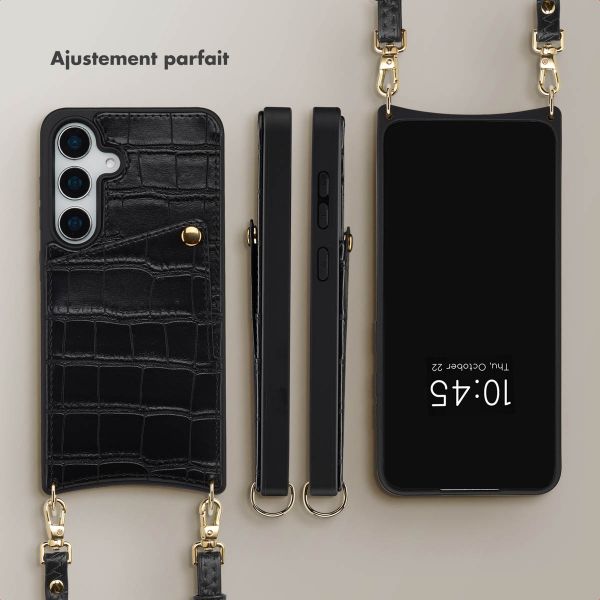 Selencia Coque de télephone Nova Croco avec cordon et porte-cartes Samsung Galaxy S25 / S24 - Noir