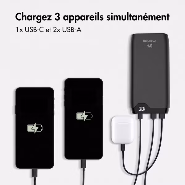 imoshion Batterie externe 20 000 mAh - Chargeur rapide 22,5 W - USB-C / USB-A - Noir