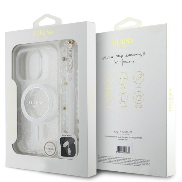 Guess MagSafe IML Glitter Case avec beads strap Apple iPhone 16 Pro - Transparent