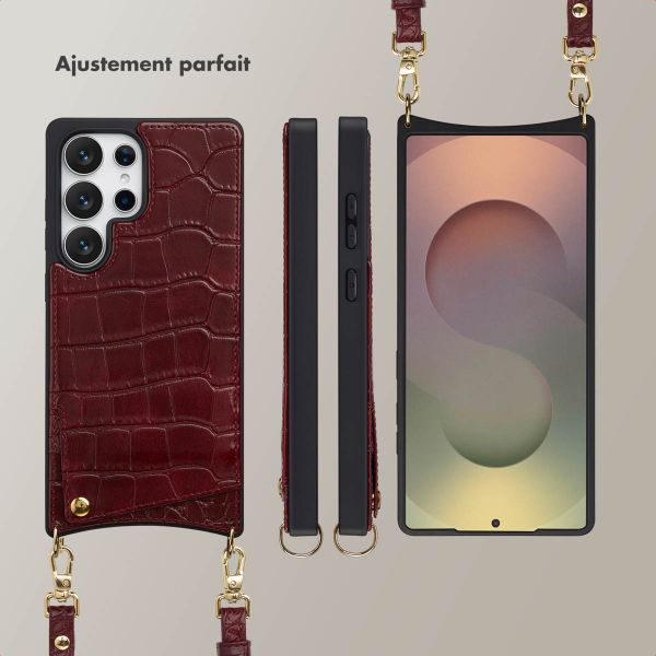Selencia Coque de télephone Nova Croco avec cordon et porte-cartes Samsung Galaxy S25 Ultra - Burgundy