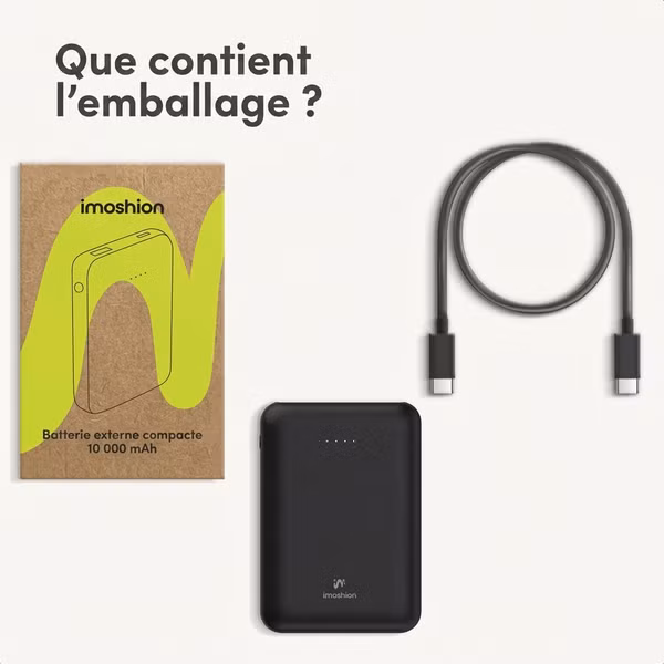 imoshion Batterie externe compacte 10.000 mAh - Petite batterie externe - Chargeur rapide 22,5 W - USB-C / USB-A - Noir