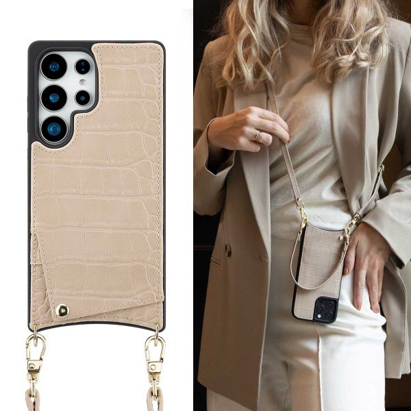 Selencia Coque de télephone Nova Croco avec cordon et porte-cartes Samsung Galaxy S25 Ultra - Beige
