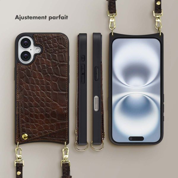 Selencia Coque de télephone Nova Croco avec cordon et porte-cartes Apple iPhone 16 - Choco Brown