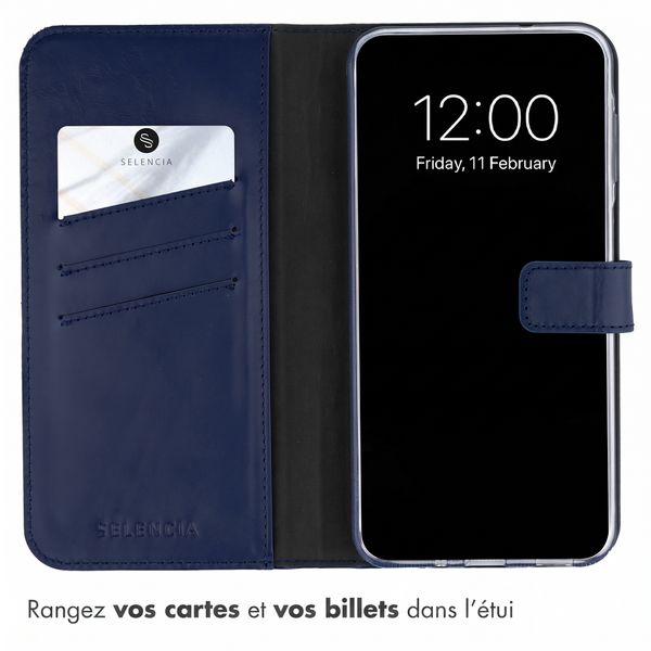 Selencia Étui portefeuille en cuir véritable Samsung Galaxy A27 (5G) - Bleu foncé