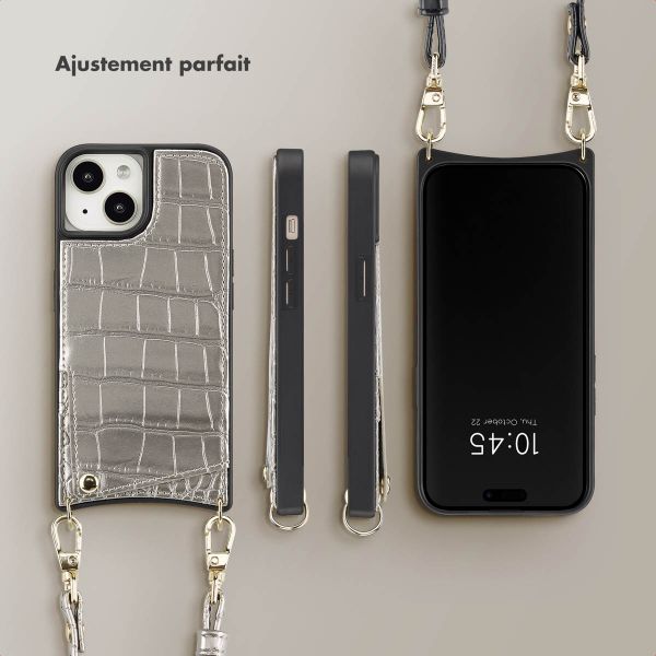 Selencia Coque de télephone Nova Croco avec cordon et porte-cartes Apple iPhone 15 - Argent
