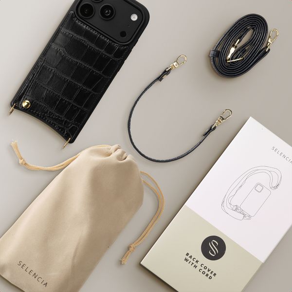 Selencia Coque de télephone Nova Croco avec cordon et porte-cartes Apple iPhone 18 Pro Max / 17 Pro Max - Noir