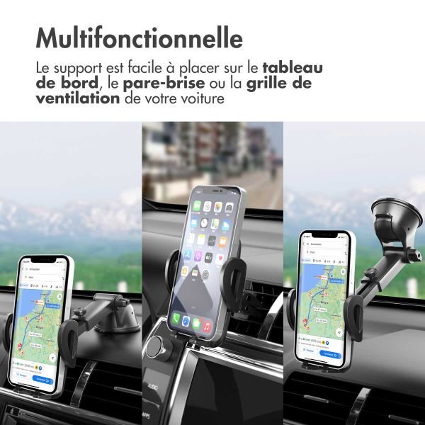 imoshion Support de téléphone 3-in-1 pour voiture - Rotatif à 360° - Universel - Tableau de bord / Pare-brise / Grille de ventilation - Noir