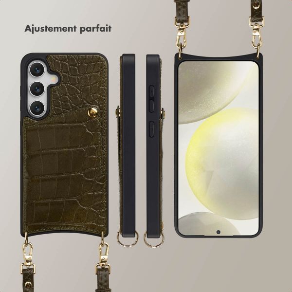 Selencia Coque de télephone Nova Croco avec cordon et porte-cartes Samsung Galaxy S25 / S24 - Dark Olive