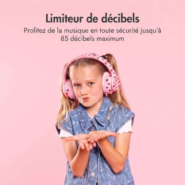 imoshion Casque sans fil pour enfants LED Light - Limiteur de décibels - Avec câble AUX - Cœurs