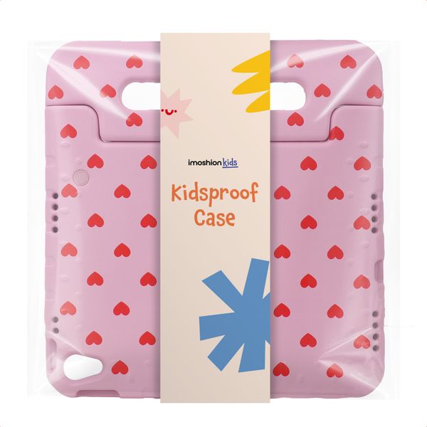 imoshion Coque arrière Kidsproof Design avec poignée Apple iPad 9 (2021) 10.2 pouces / iPad 8 (2020) 10.2 pouces / iPad 7 (2019) 10.2 pouces - Cœurs rouges