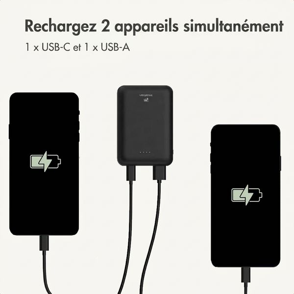 imoshion Batterie externe compacte 10.000 mAh - Petite batterie externe - Chargeur rapide 22,5 W - USB-C / USB-A - Noir