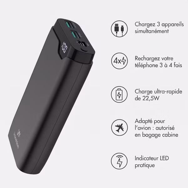 imoshion Batterie externe 20 000 mAh - Chargeur rapide 22,5 W - USB-C / USB-A - Noir