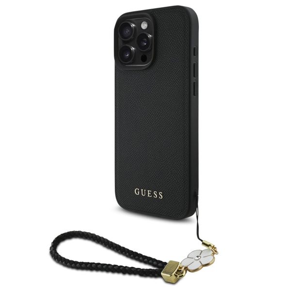 Guess Coque Grained MagSafe avec Flower Charm Strap Apple iPhone 16 Pro - Noir